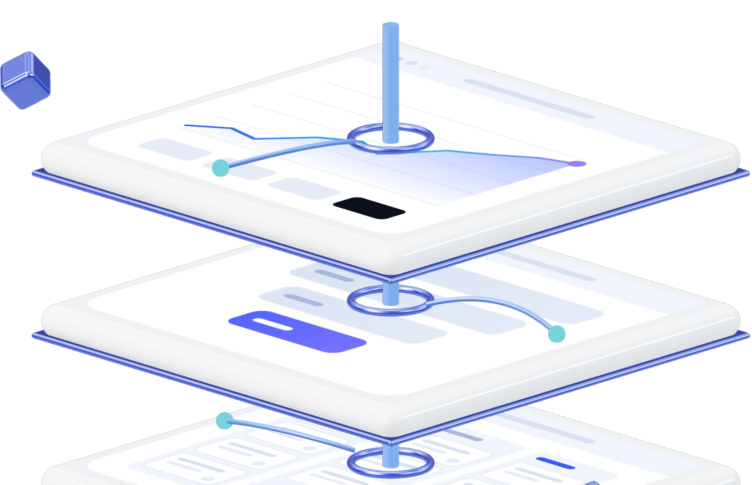 Close view of connected software layers joined by a central core